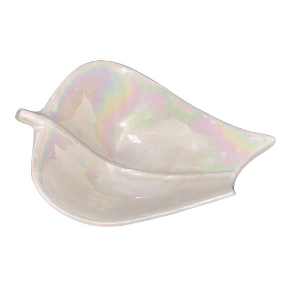 Leaf-Shaped Pearlized Iridescent Ceramic Bowl By Cal Style 2232 USA Mid-Century - Picture 1 of 11